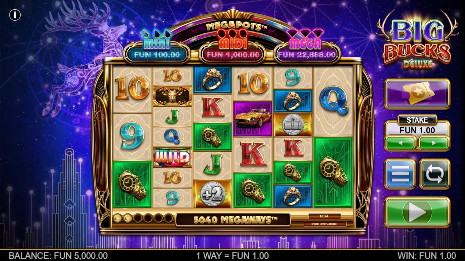 Big Bucks Deluxe slot gameplay showing 6-reel Megaways grid with Megapots meters, luxury symbols and cash Coins