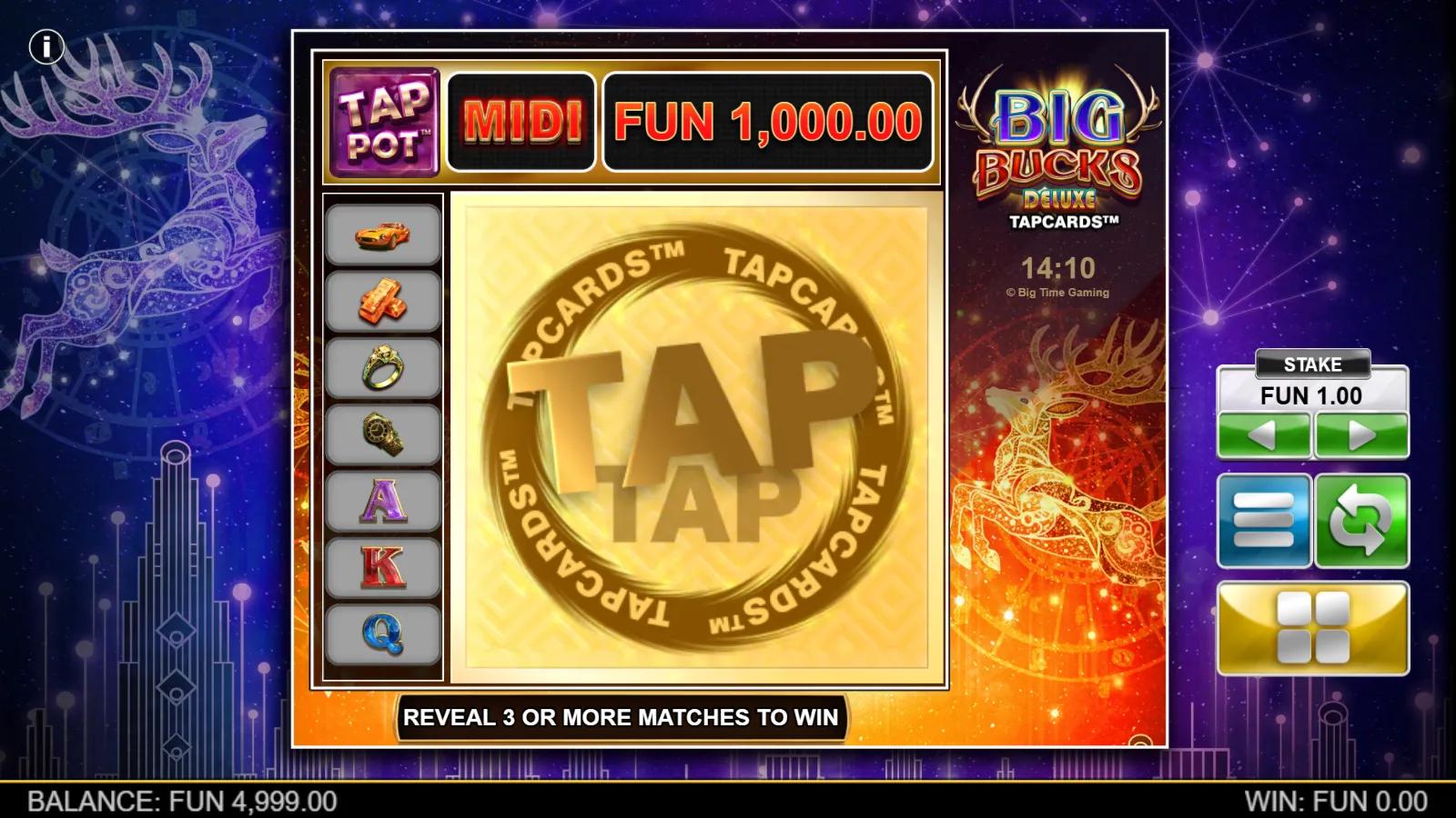 Big Bucks Deluxe TapCards gameplay showing a revealed tap card with gold bars, cars, rings and royal symbols