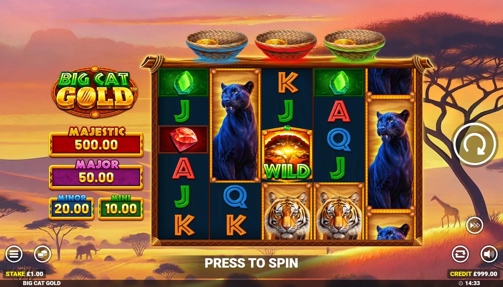 Big Cat Gold slot showing 5x6 grid with lion, panther and tiger symbols, three colored coin baskets and cash pot panel