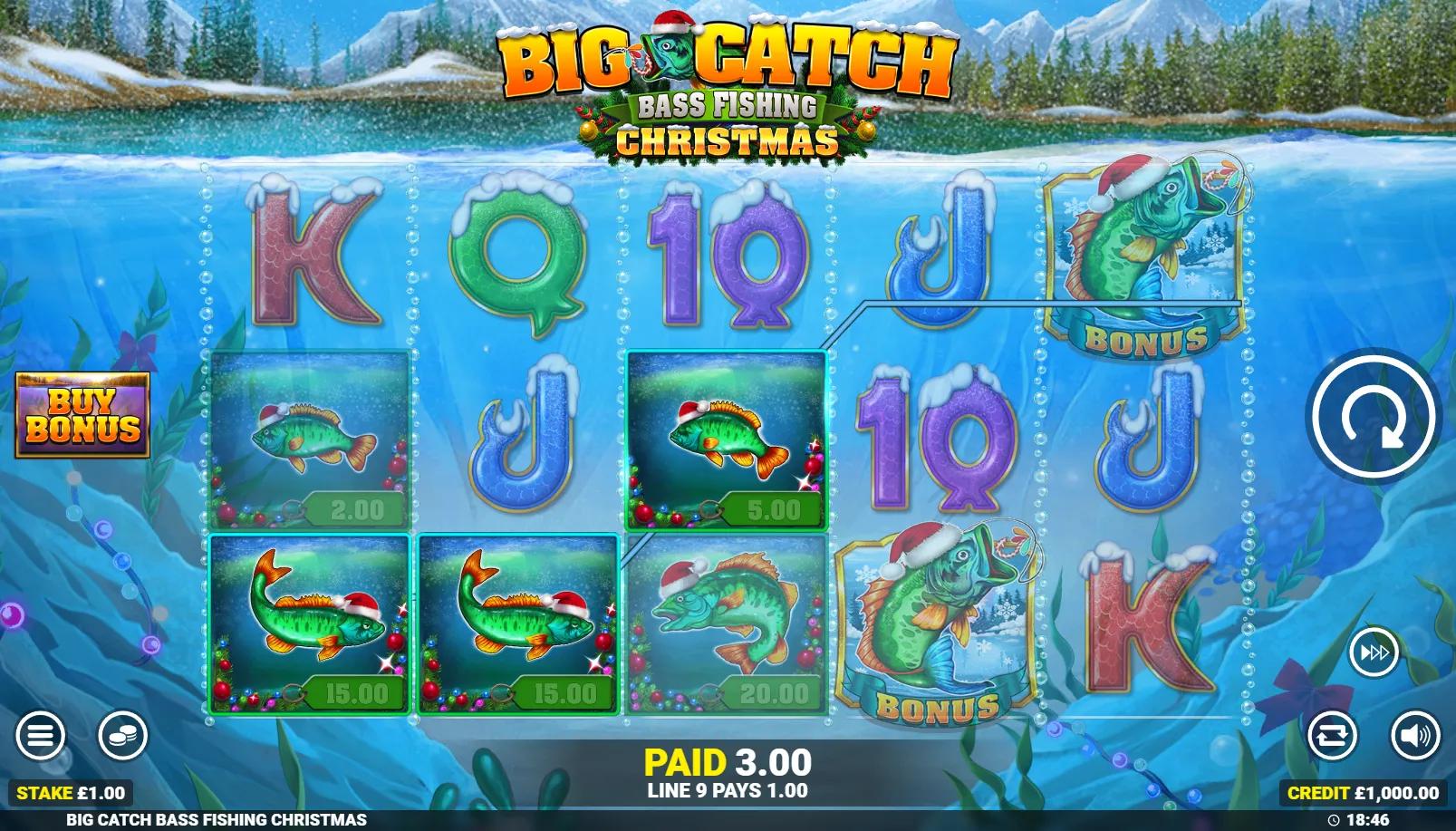 Big Catch Bass Fishing Christmas slot showing 5x3 underwater grid with bass fish and Santa-hat fisherman Wild
