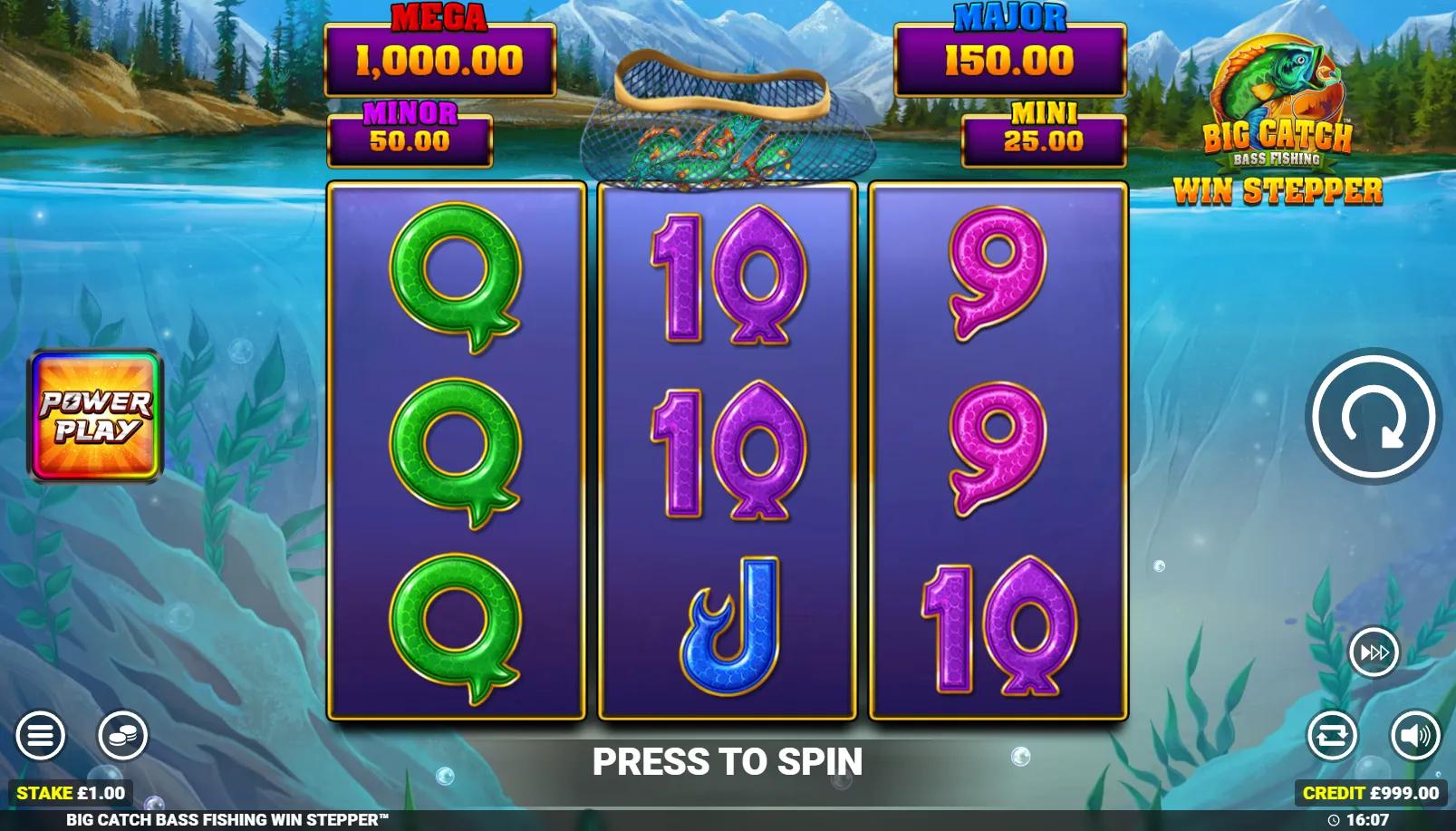 Big Catch Bass Fishing Win Stepper slot showing 3x3 grid with bass fish cash symbols and fisherman Cash Collect on reel 2