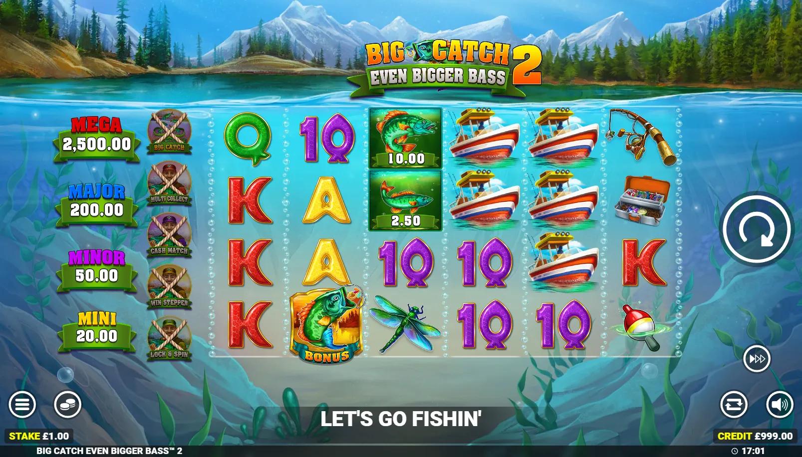 Big Catch Even Bigger Bass 2 slot showing 6x4 ways grid with bass fish, fisherman Collect and Big Catch net above