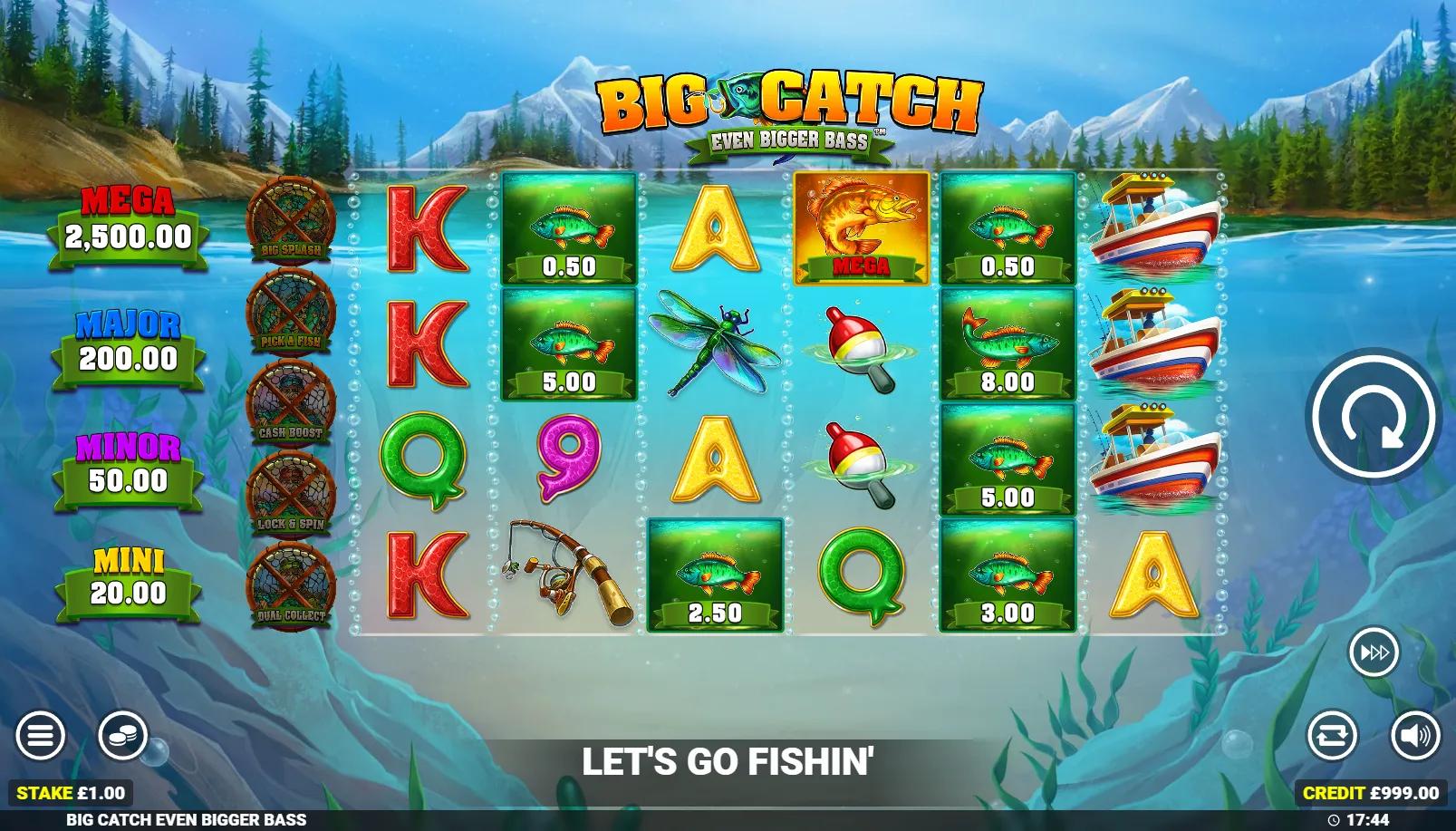 Big Catch Even Bigger Bass slot showing 6x4 ways grid with bass fish, fisherman Collect and the Big Splash net feature above