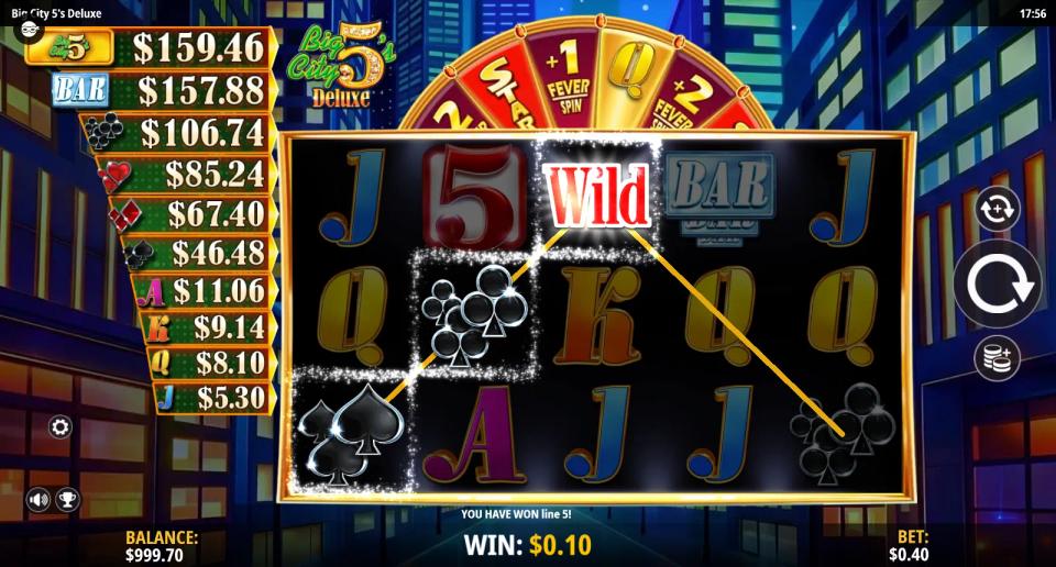 Big City 5's Deluxe 5x3 grid paying a clubs line through a Wild, with the ten-rung ladder of cash bonus pots down the left edge