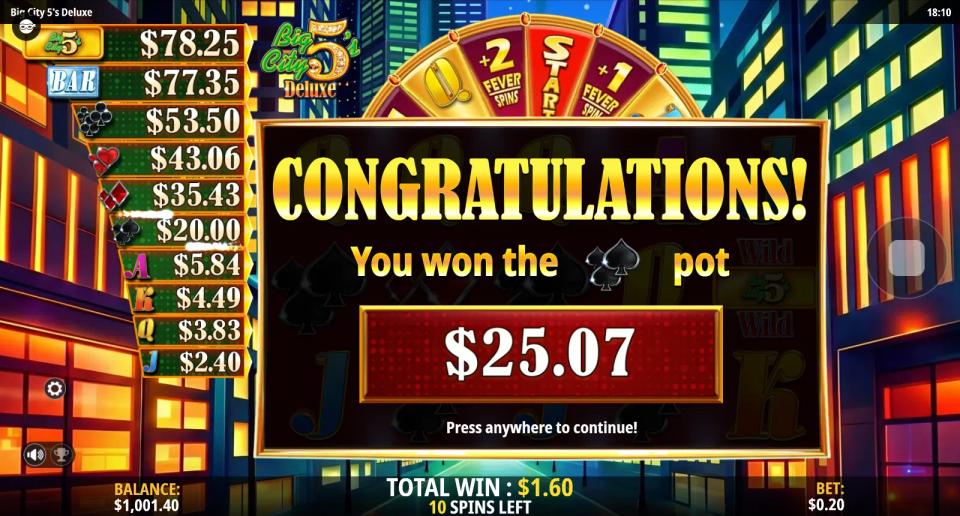 The spade bonus pot paying $25.07 on a $0.20 bet, with that rung of the ladder already reset to $20.00
