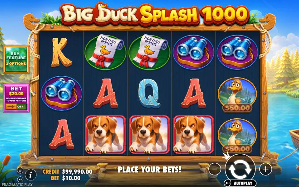 Base game grid with two duck money symbols priced at fifty dollars each and three beagles that miss the leftmost reel