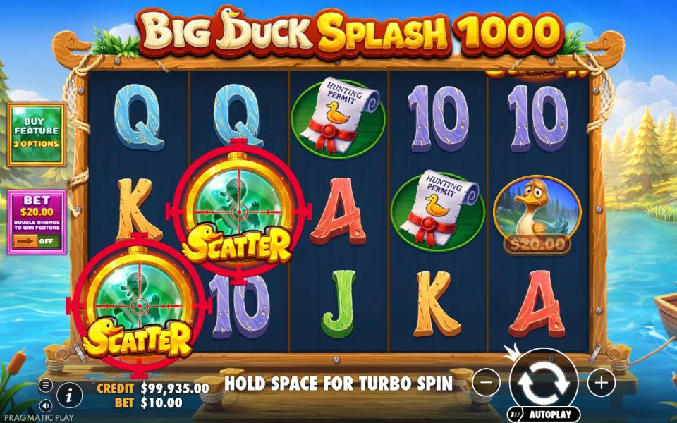 Two duck scatter symbols ringed in red on the first two reels of Big Duck Splash 1000, one short of the free spins trigger