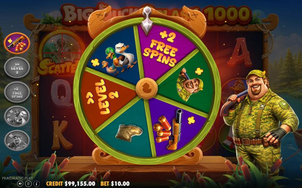 Six-segment modifier wheel showing extra free spins, more hunters, more ammo, start from level two, more ducks and a blank boot segment