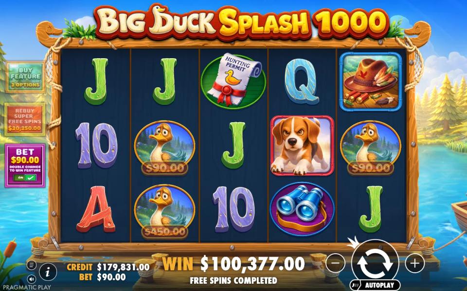 Big Duck Splash 1000 with the ante bet switched on, the stake doubled to ninety dollars and the buy feature button greyed out