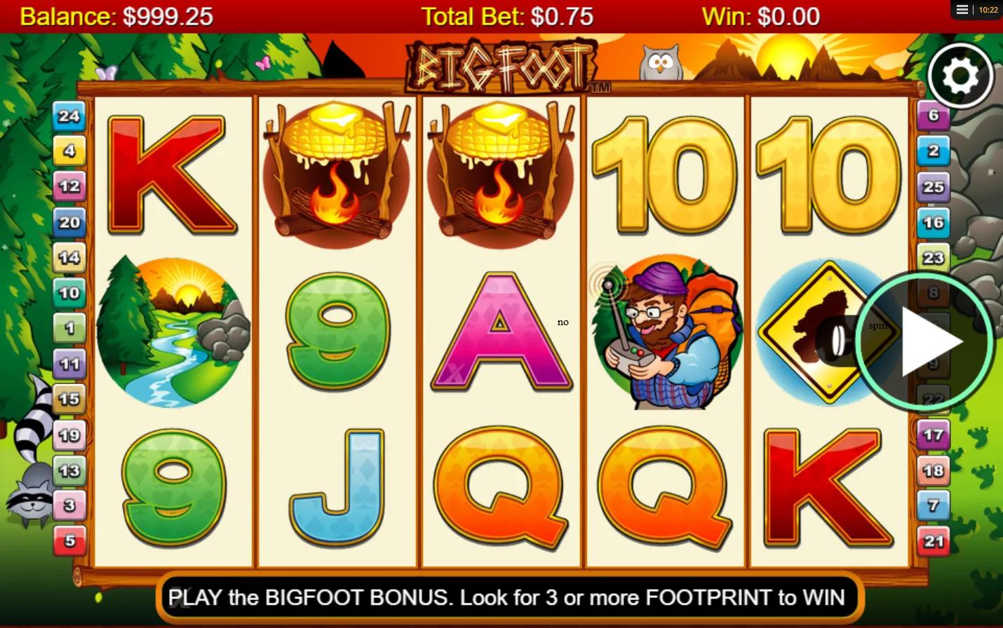 Big Foot slot gameplay showing 5x3 forest grid with the Big Foot pick bonus and glowing forest eyes