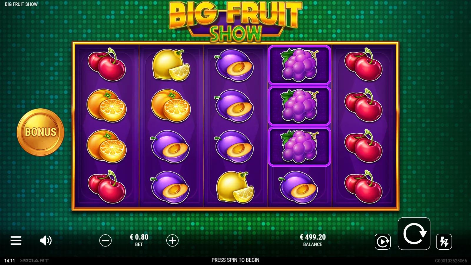 Big Fruit Show slot gameplay showing 5x4 grid with oversized cherry, orange, plum and grape fruit symbols
