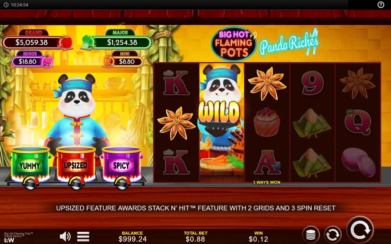 Big Hot Flaming Pots Panda Riches slot 5x3 grid with a full-reel panda wild nudged across reel two for a 3-ways win