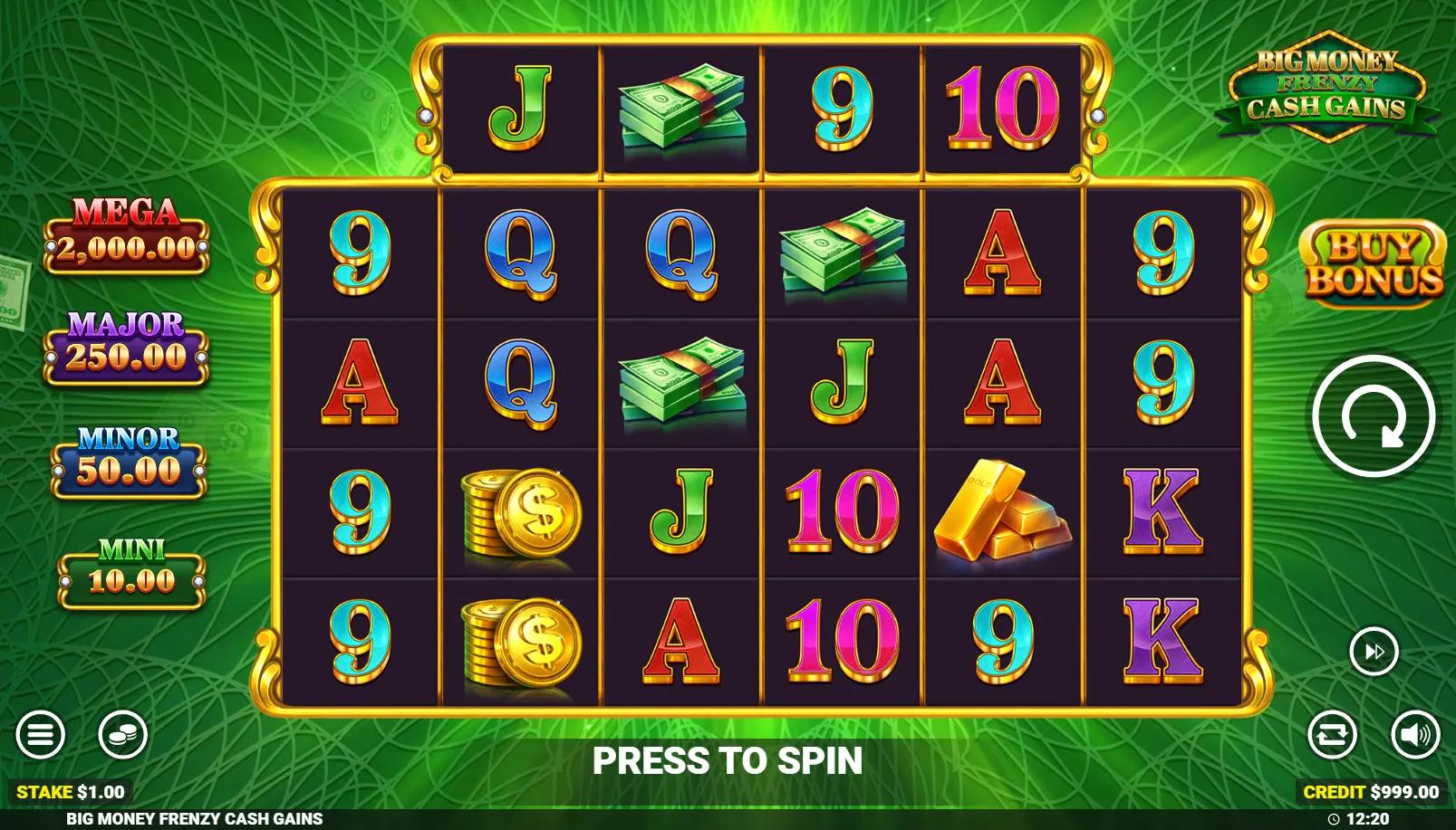 Big Money Frenzy Cash Gains slot showing 6-reel grid with gold coin Cash Prizes and 4-tier MEGA/MAJOR/MINOR/MINI jackpot panel
