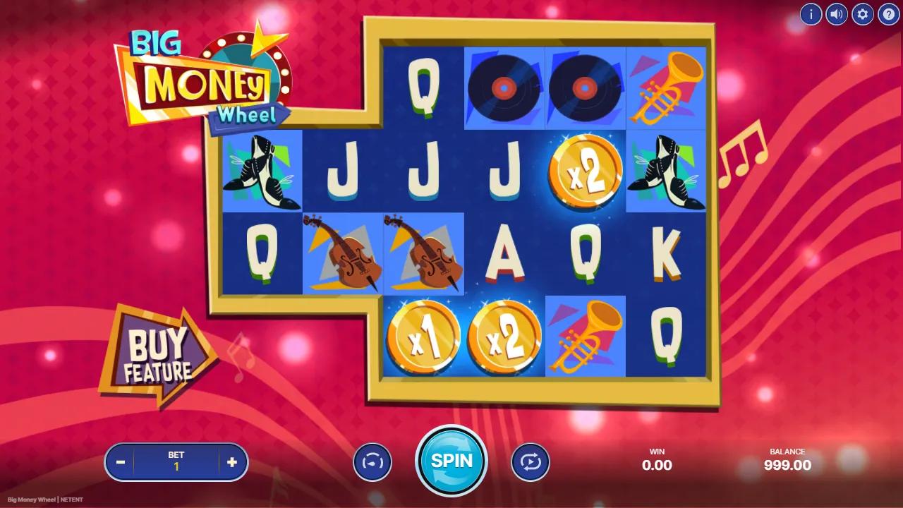 Big Money Wheel slot gameplay showing the uneven 2-2-4-4-4-4 jazz club grid with gold Coin symbols