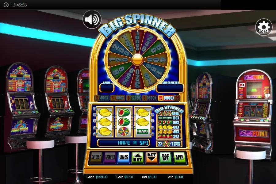 Big Spinner slot gameplay showing the 3x3 reel cabinet with fruit symbols and the Bonus Wheel above
