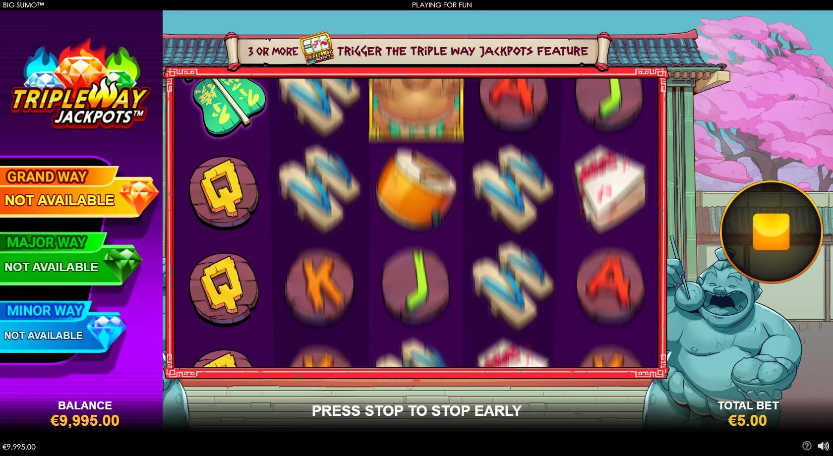 Big Sumo slot gameplay showing 5x3 sumo-dojo grid with drum, fan and geta symbols and Triple Way progressive jackpots