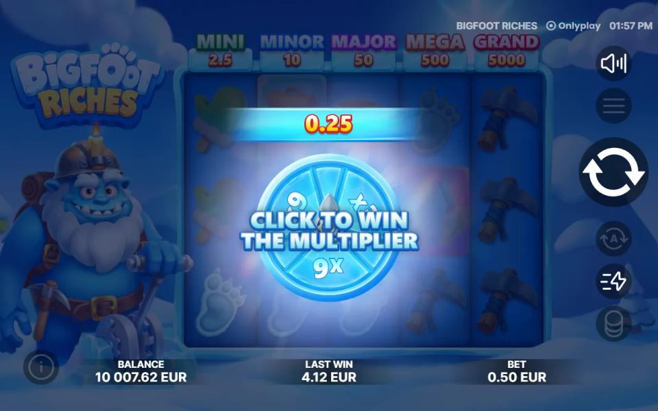 The multiplier wheel overlaying the dimmed Bigfoot Riches reels, captioned CLICK TO WIN THE MULTIPLIER, with a 0.25 win showing in the bar above it