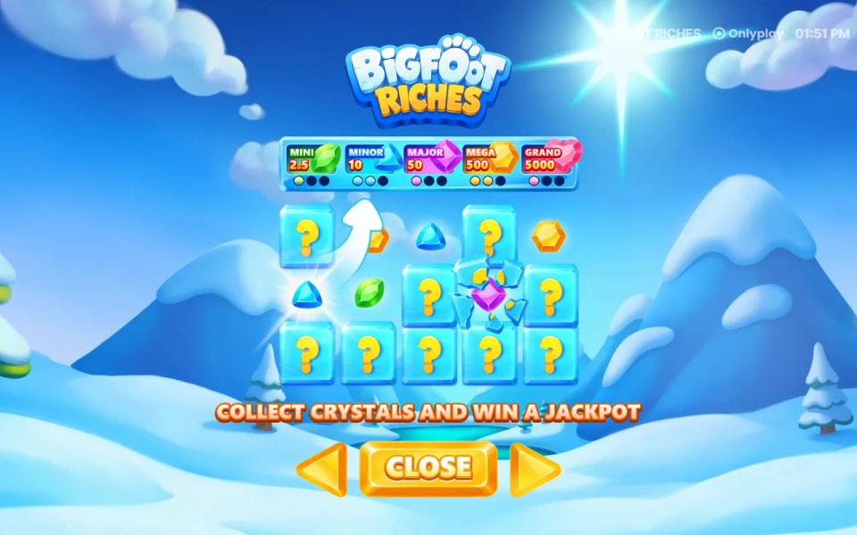 Bigfoot Riches jackpot round artwork: five tiers from MINI 2.5 to GRAND 5000 with three-chip meters, above a grid of frozen cells hiding coloured gems