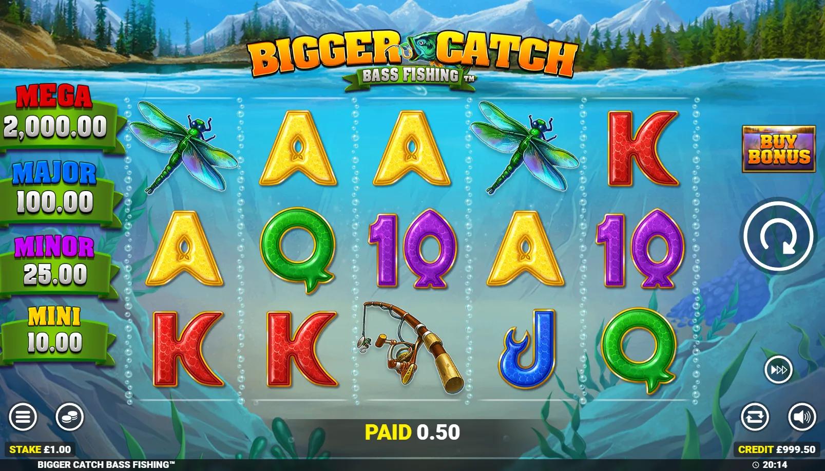 Bigger Catch Bass Fishing slot showing 5x3 grid with bass fish symbols, Fisherman Wild and Lightning Spins panel