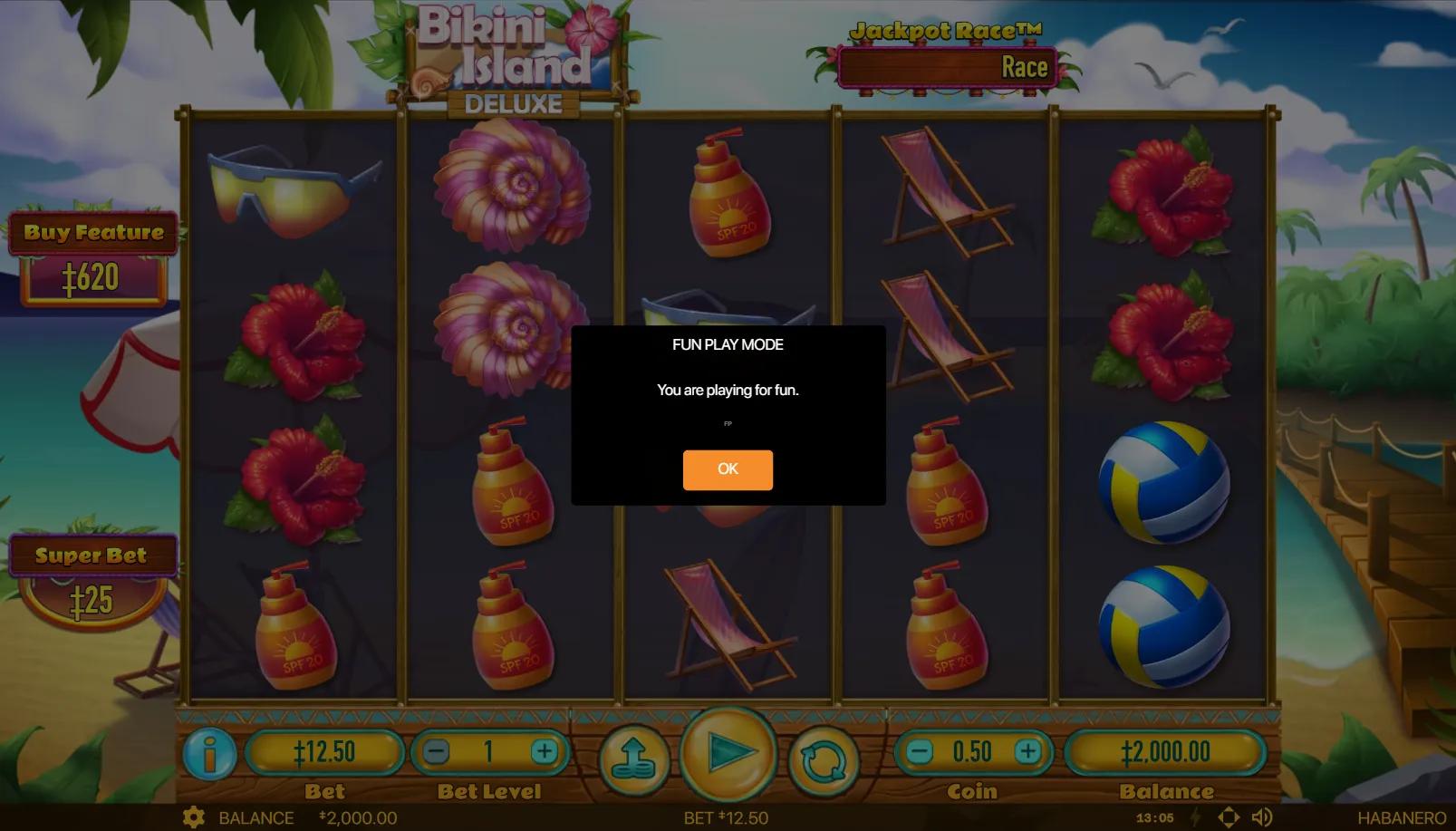 Bikini Island Deluxe slot gameplay showing 5x4 grid with sunscreen, hibiscus, volleyball and starfish symbols on a beach