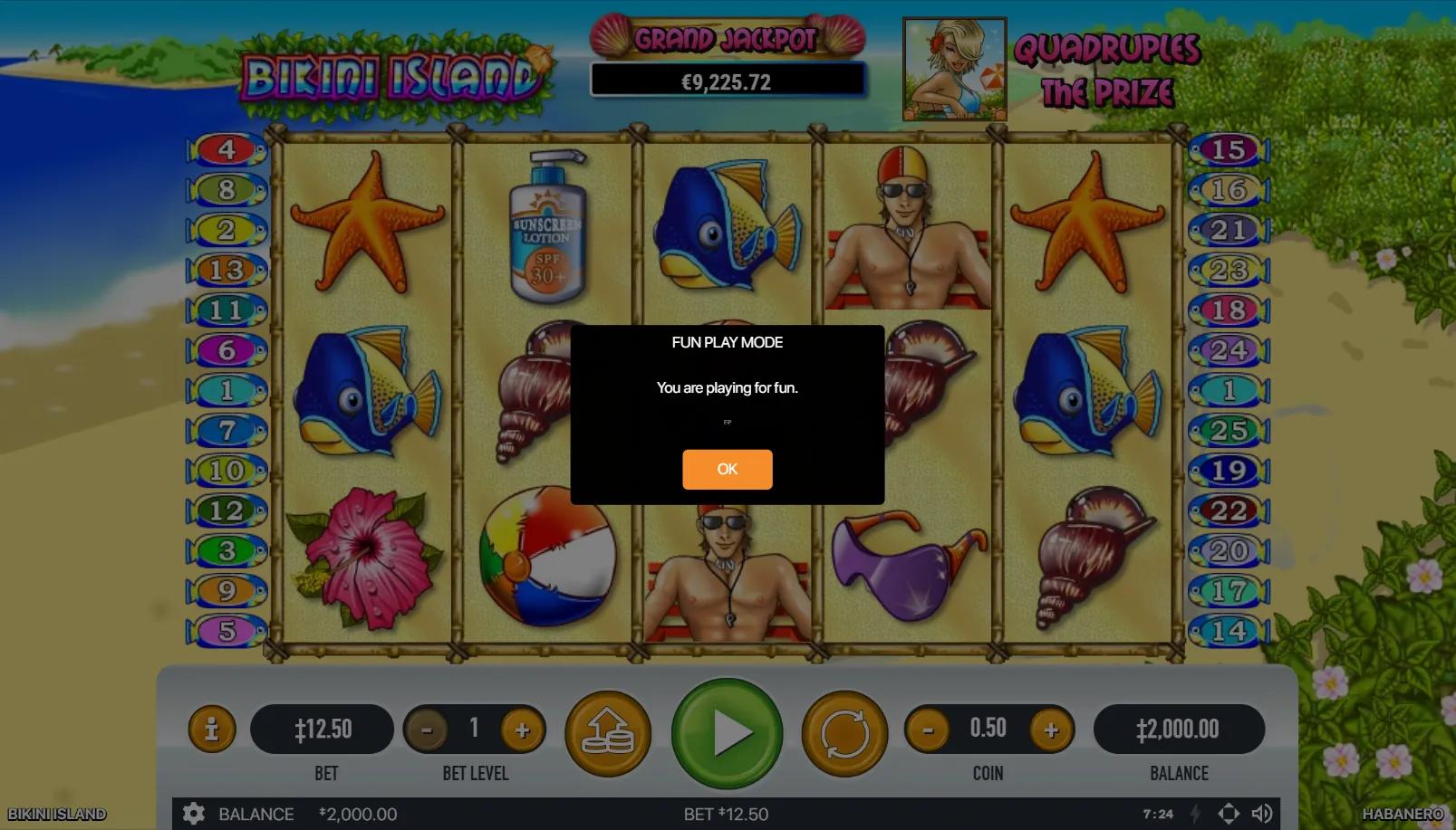 Bikini Island slot 5x3 grid with bikini babe wild, tropical fish and surfer on Caribbean beach backdrop