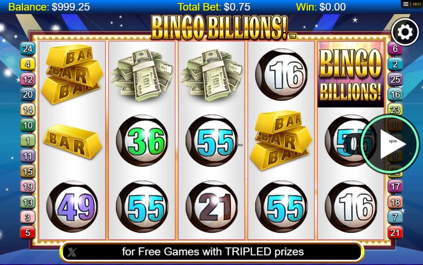 Bingo Billions slot gameplay showing 5x3 grid with bingo-ball symbols, gold bars and a winning line