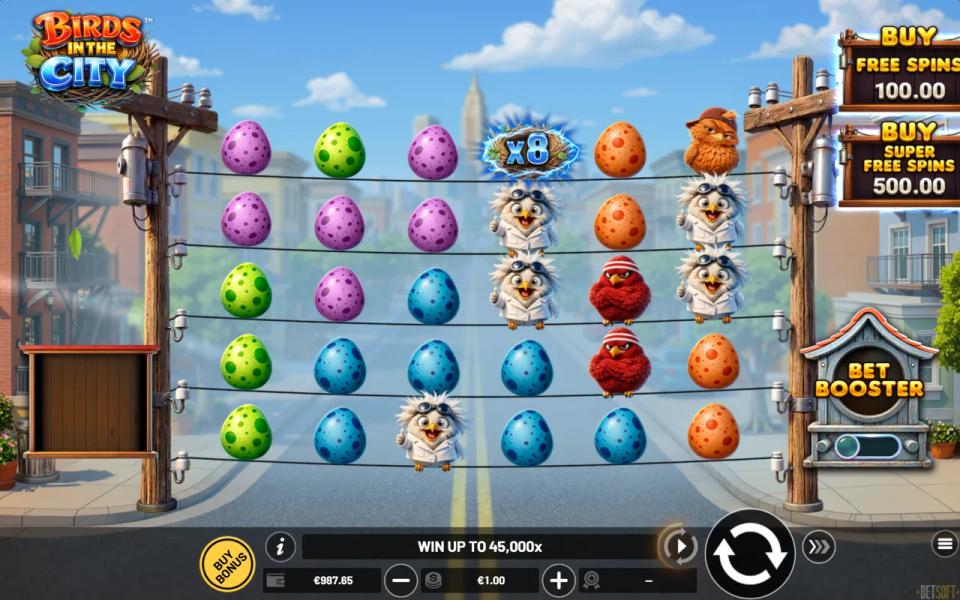 Birds in the City x8 multiplier nest on reel four of a board with no winning combination