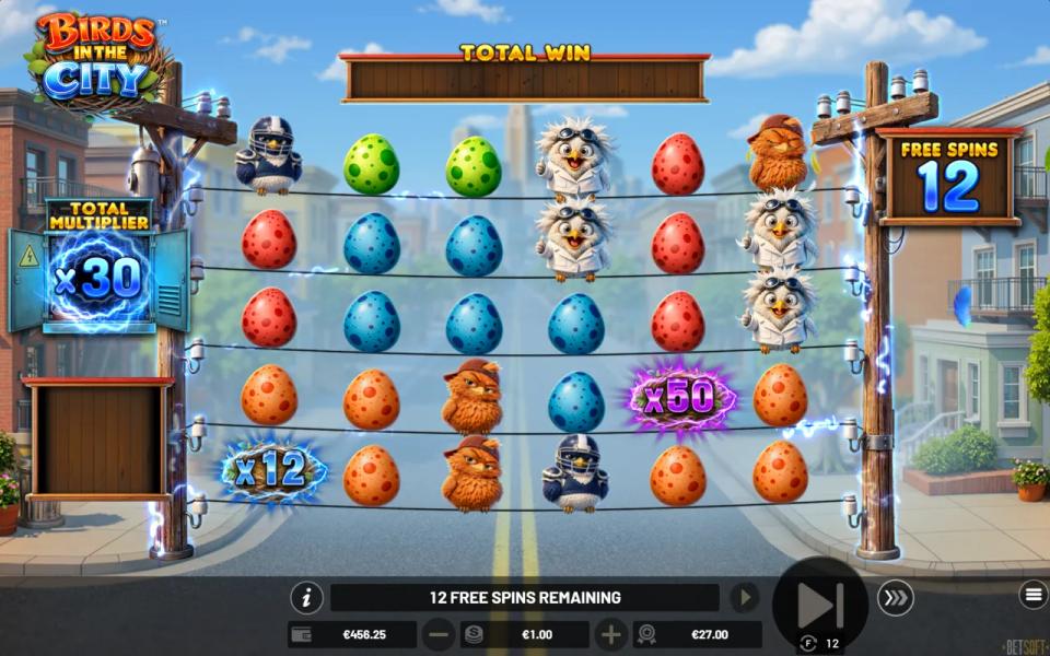 Birds in the City x50 and x12 multiplier nests on a losing board during Super Free Spins