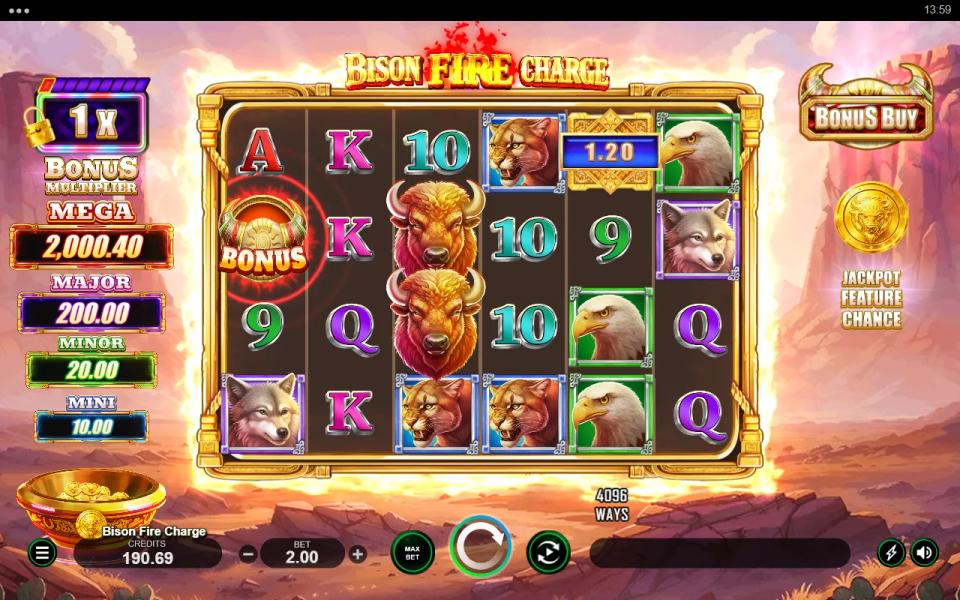A single 1.20 cash symbol on the fourth reel of Bison Fire Charge with no collect symbol anywhere on the board