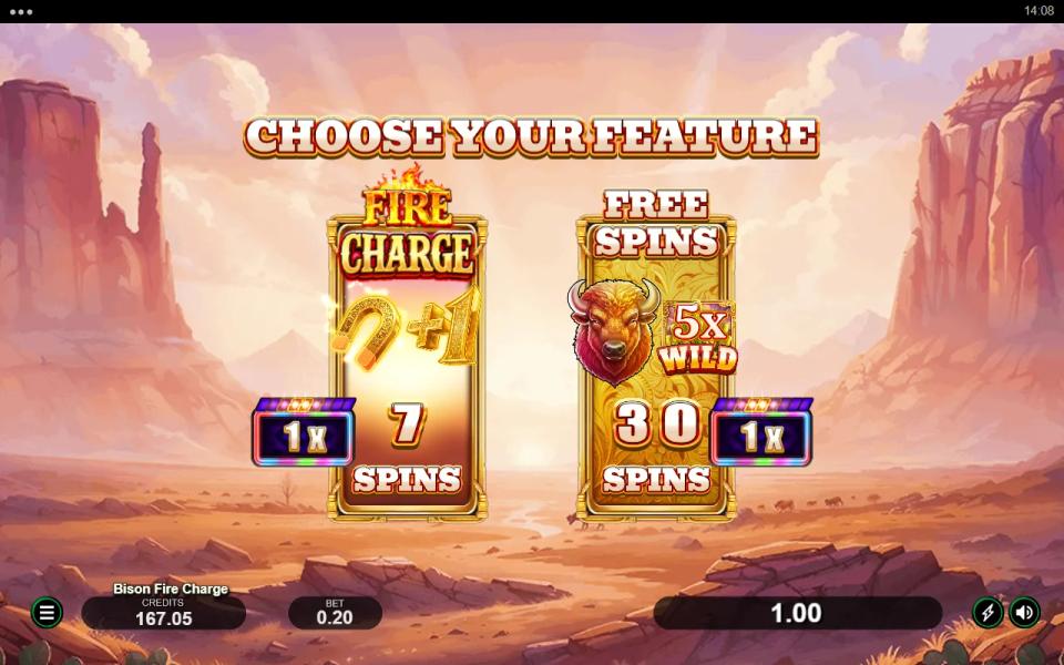 Bison Fire Charge choice screen offering seven Fire Charge spins or thirty free spins