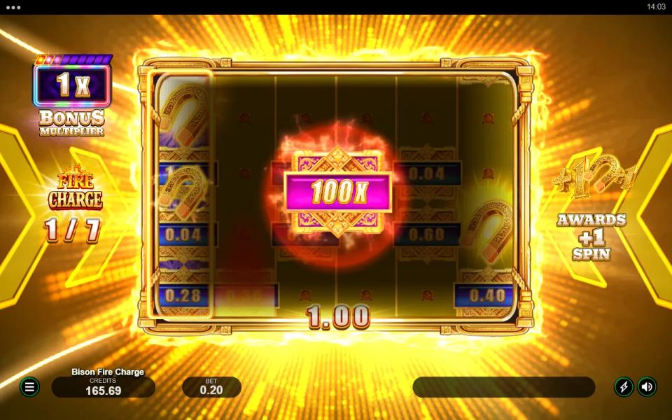 Bison Fire Charge Fire Charge round with blanked gold reels, collect magnets at both ends and a 100x bet cash symbol landing in the middle