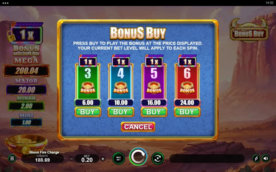 Bison Fire Charge bonus buy menu with four cards priced 6.00, 10.00, 16.00 and 24.00, each carrying a 1x multiplier badge
