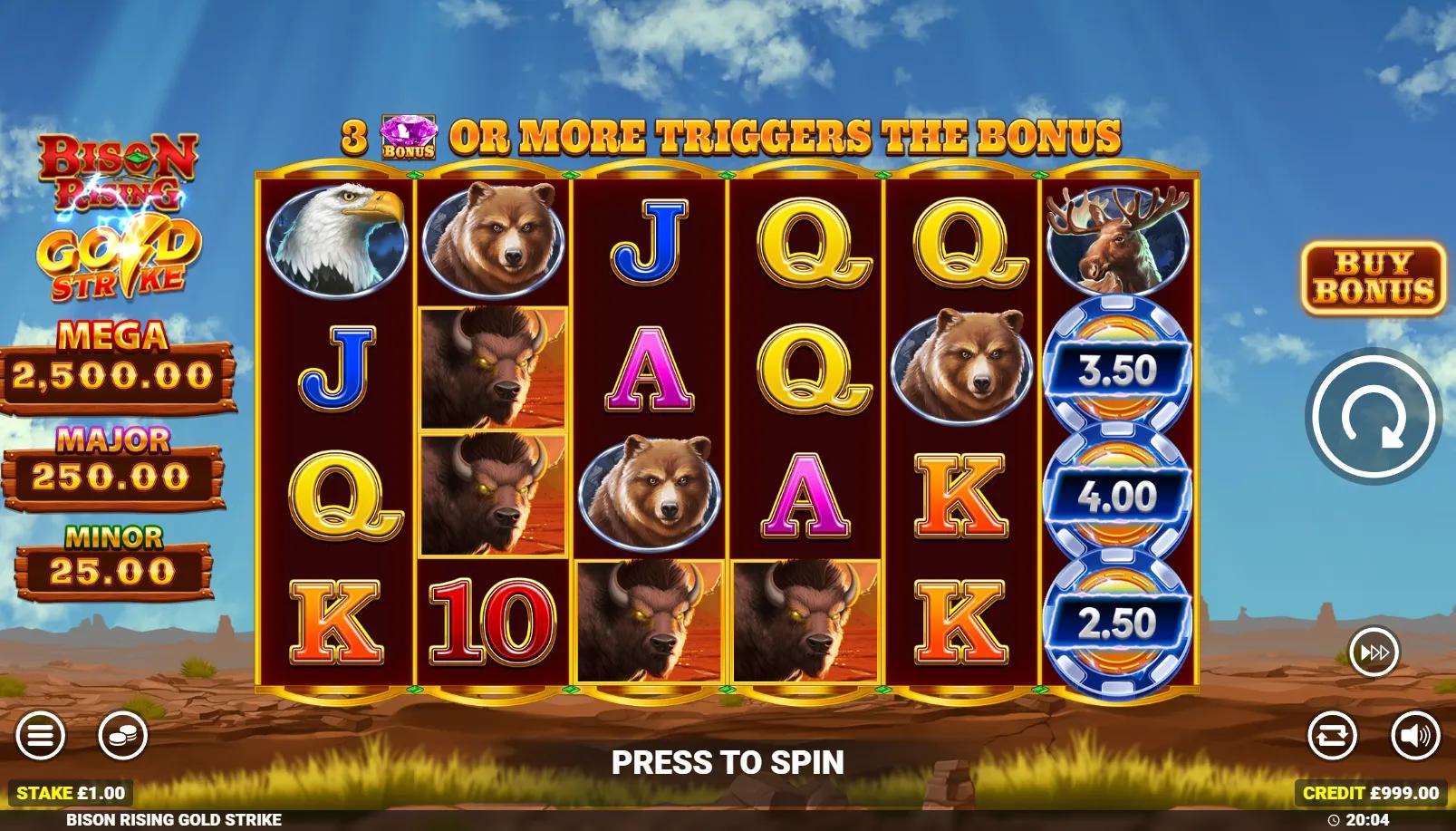 Bison Rising Gold Strike slot showing 6x4 western grid with bison symbols and Cash Collect mechanic