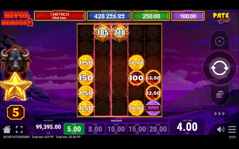 Bivol Beasts 2 Pate Link bonus board fully open at six rows, two golden buffalo on the top row draining reels 2 and 3 while suns and a purple MINI jackpot sun stay held on the other reels