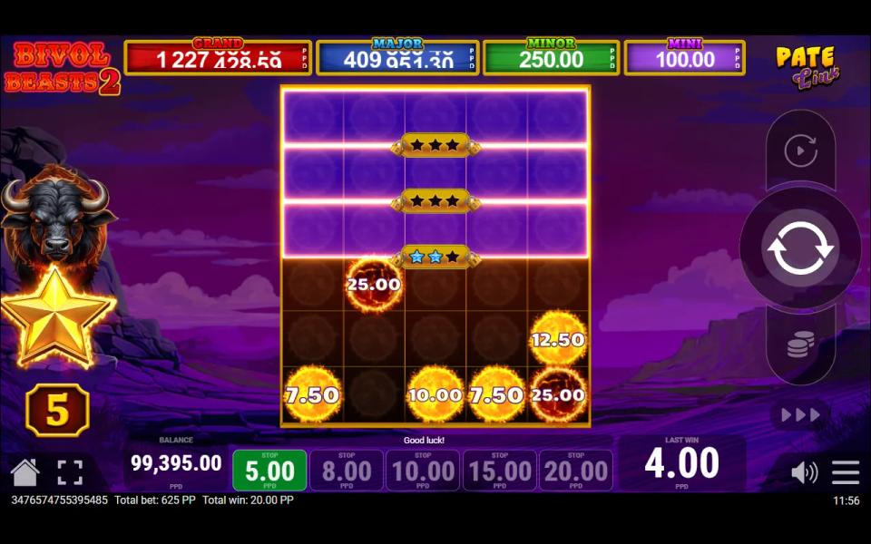Start of the Bivol Beasts 2 Pate Link bonus with three purple locked rows above the reels, each with a three-star meter, and suns held on the bottom three rows