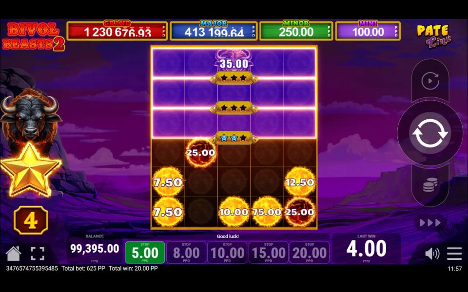 Bivol Beasts 2 Pate Link bonus spin with a golden buffalo sitting inactive on the locked top row of reel 3 and a multiplied sun on reel 4