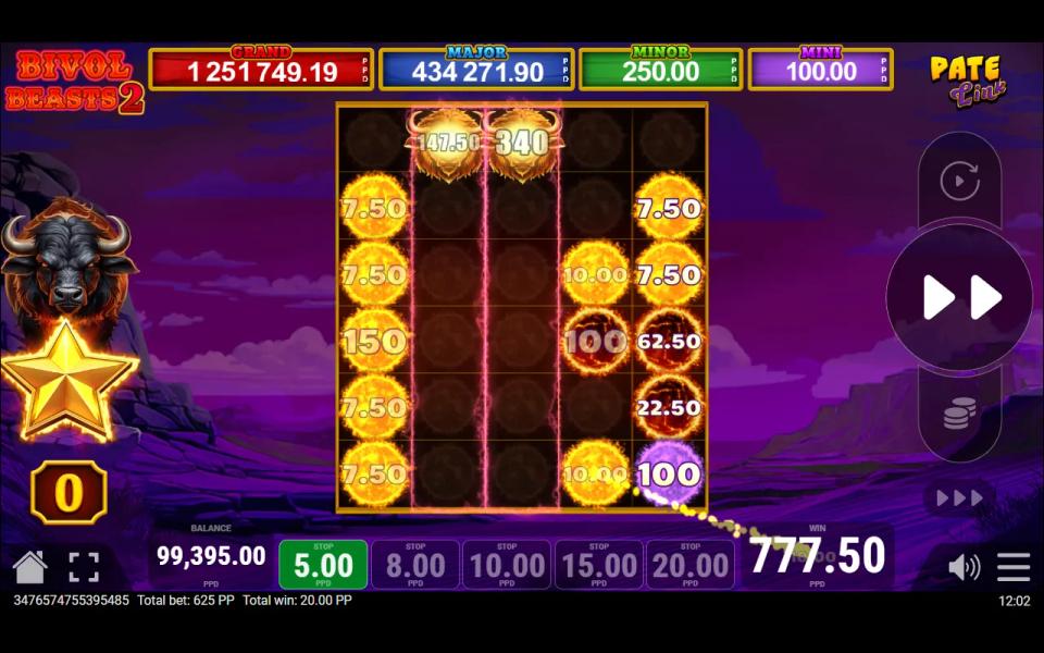 Final spin of a bought Bivol Beasts 2 Pate Link bonus, free spin counter at zero, two grown buffalo on the top row and the held suns being added up
