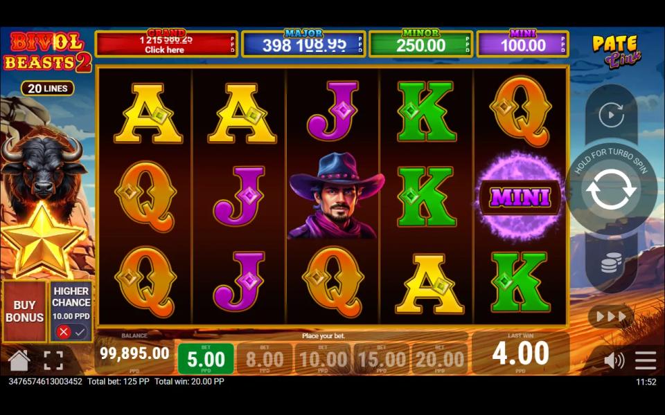 Bivol Beasts 2 Pate Link base game with a purple MINI jackpot sun on reel 5 under the four-tier Pate Link jackpot bar