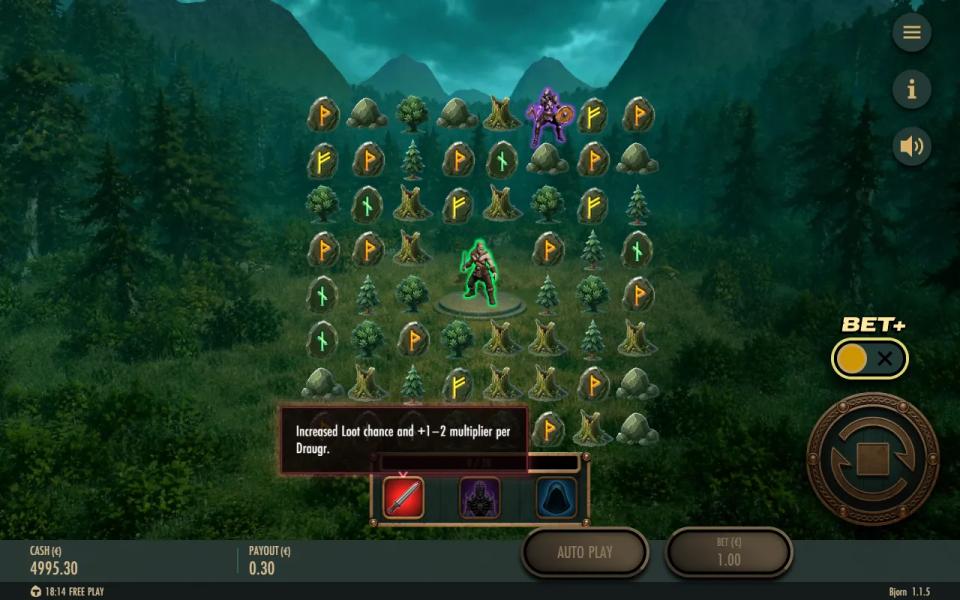 Bjorn 8x8 board of runes, trees, bushes, stumps and rocks, the Hero on his stone platform in the centre and a Draugr on the top row
