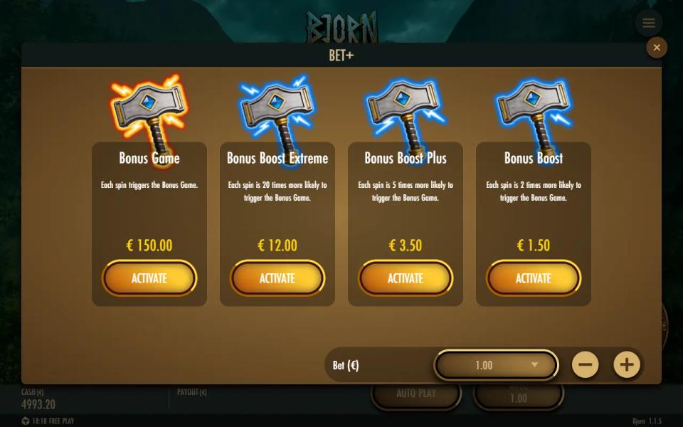 Bjorn Bet+ panel listing Bonus Game at 150, Bonus Boost Extreme at 12, Bonus Boost Plus at 3.5 and Bonus Boost at 1.5 on a 1.00 bet