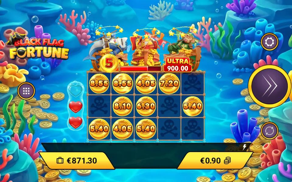 Black Flag Fortune Pin Win bonus: ten gold coins locked on a 5x3 skull grid under the Shark, Duck and Monkey pirate ships, ULTRA jackpot counter at 5