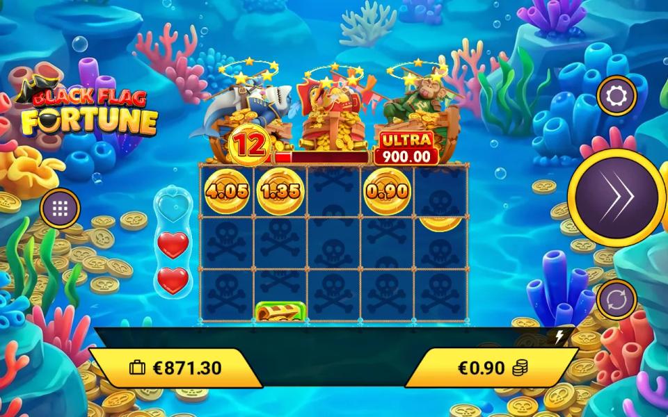 Black Flag Fortune Sniper result in the Pin Win bonus, one coin in the top-left corner tripled while the other coins keep their values