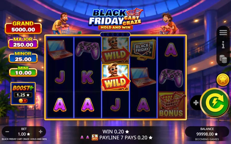 Black Friday Cart Craze: Hold and Win 5x3 reels in a mall atrium, two Wild shoppers on reel 3 completing a line of Aces, with the Grand, Major, Minor and Mini jackpots and the Boost+ switch on the left