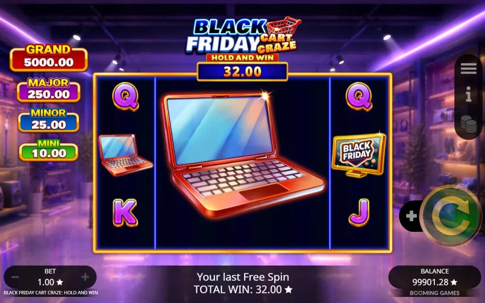 A Jumbo Laptop symbol covering reels 2 to 4 in the free spins of Black Friday Cart Craze: Hold and Win, with a matching Laptop on reel 1