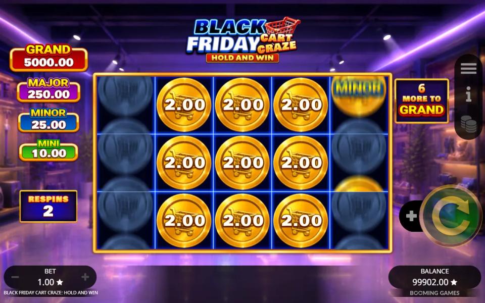 Hold and Win grid opening with nine 2x coins filling reels 2 to 4 after a Jumbo Coin split, six positions left to the Grand