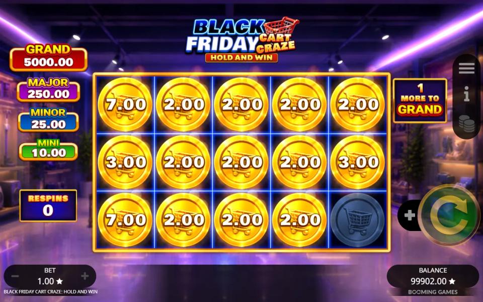 Hold and Win grid at the end of the respins with 14 of 15 positions filled and one empty cell at the bottom of reel 5