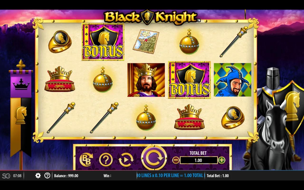 Black Knight slot by Light & Wonder, 5x3 reels with knight wild on black warhorse and gilded heraldic frame