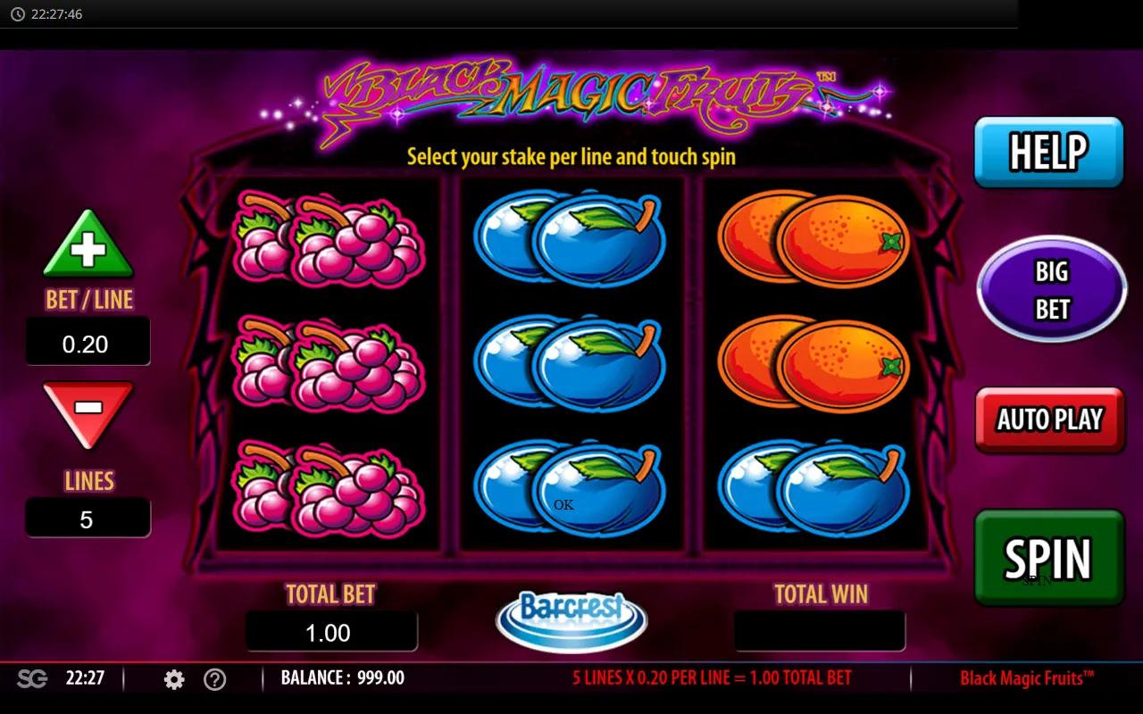 Black Magic Fruits gameplay 3x3 grid showing pink grapes, blue plum and orange fruit symbols inside an ornate dark frame.