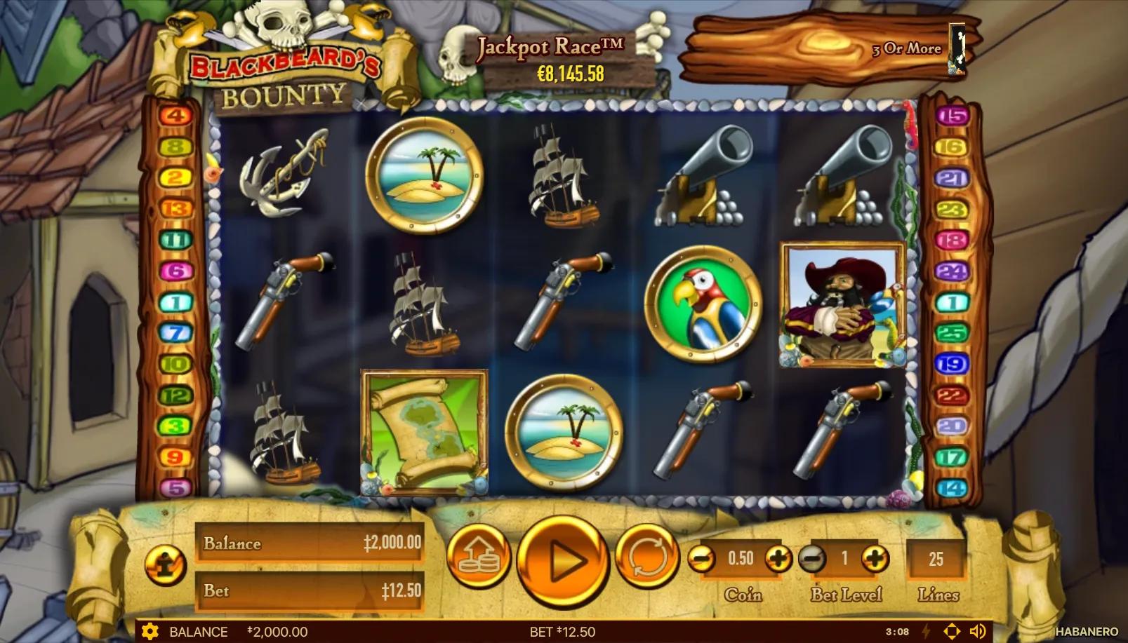 Blackbeard's Bounty slot 5x3 grid with Blackbeard portrait, galleon and treasure map symbols above Jackpot Race meter
