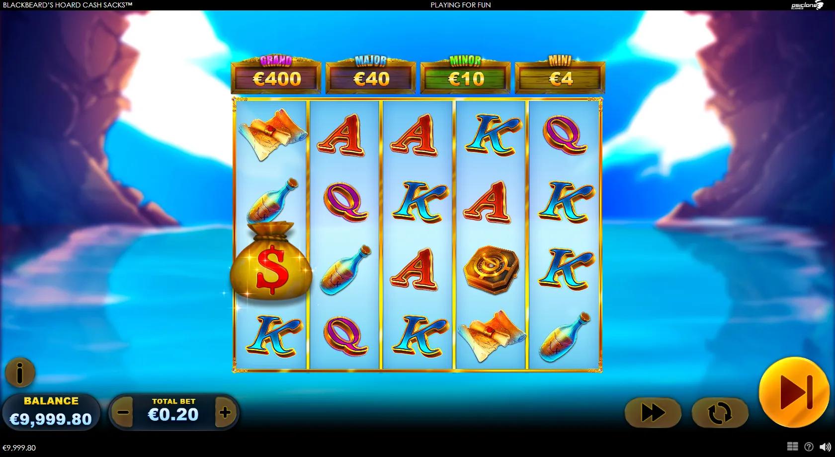 Blackbeard's Hoard Cash Sacks slot: 5x4 pirate-cove grid with gold cash coins, a ship-wheel Wild and four jackpots